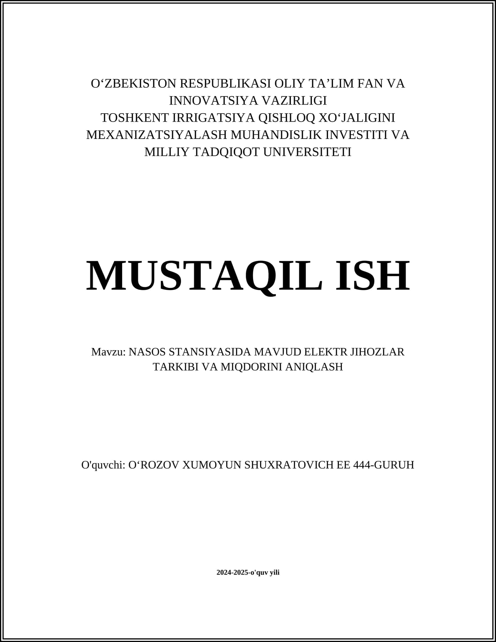 NASOS STANSIYASIDA MAVJUD ELEKTR JIHOZLAR TARKIBI VA MIQDORINI ANIQLASH