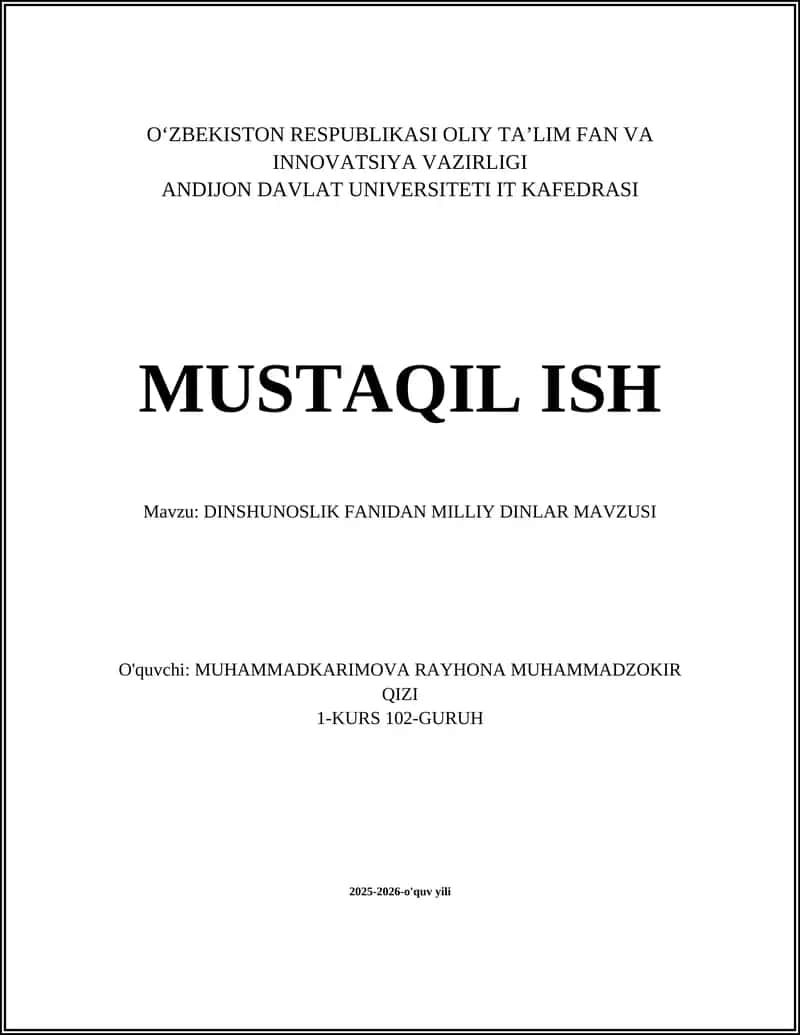 DINSHUNOSLIK FANIDAN MILLIY DINLAR MAVZUSI