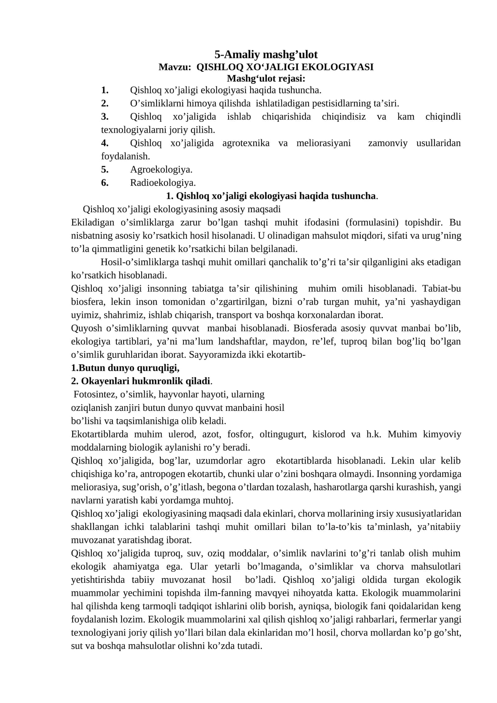 QISHLOQ XO‘JALIGI EKOLOGIYASI