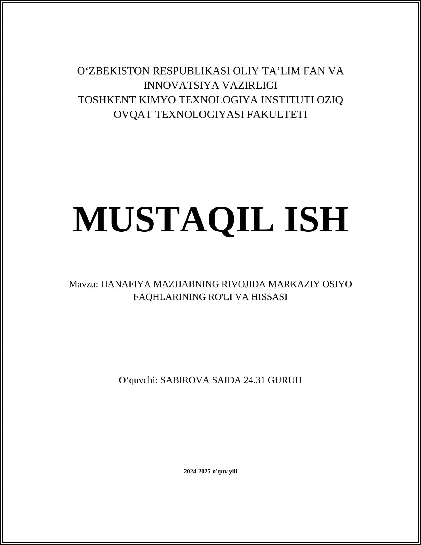 HANAFIYA MAZHABNING RIVOJIDA MARKAZIY OSIYO FAQHLARINING RO'LI VA HISSASI