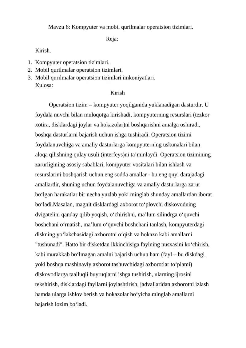 Kompyuter va mobil qurilmalar operatsion tizimlari