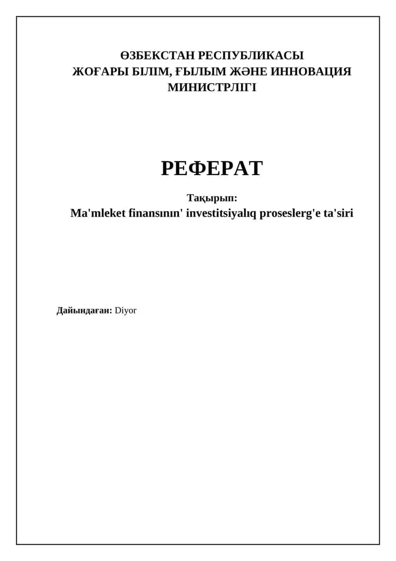 Ma'mleket finansınıń investitsiyalıq proseslerg'e ta'siri