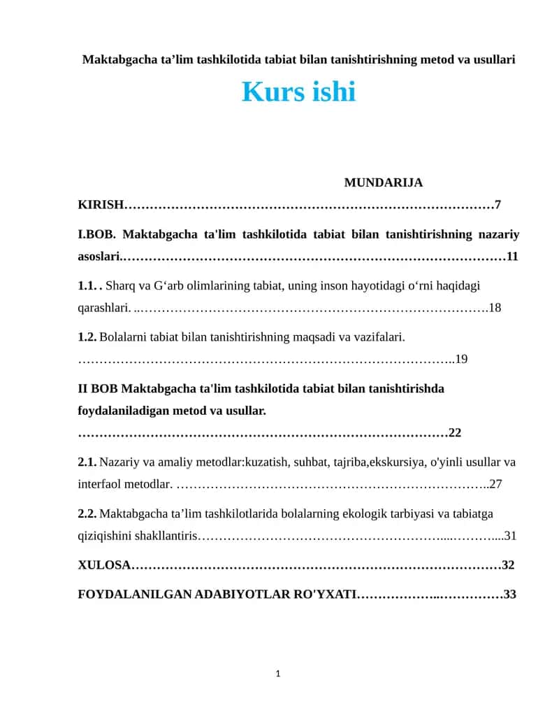 Maktabgacha ta’lim tashkilotida tabiat bilan tanishtirishning metod va usullari