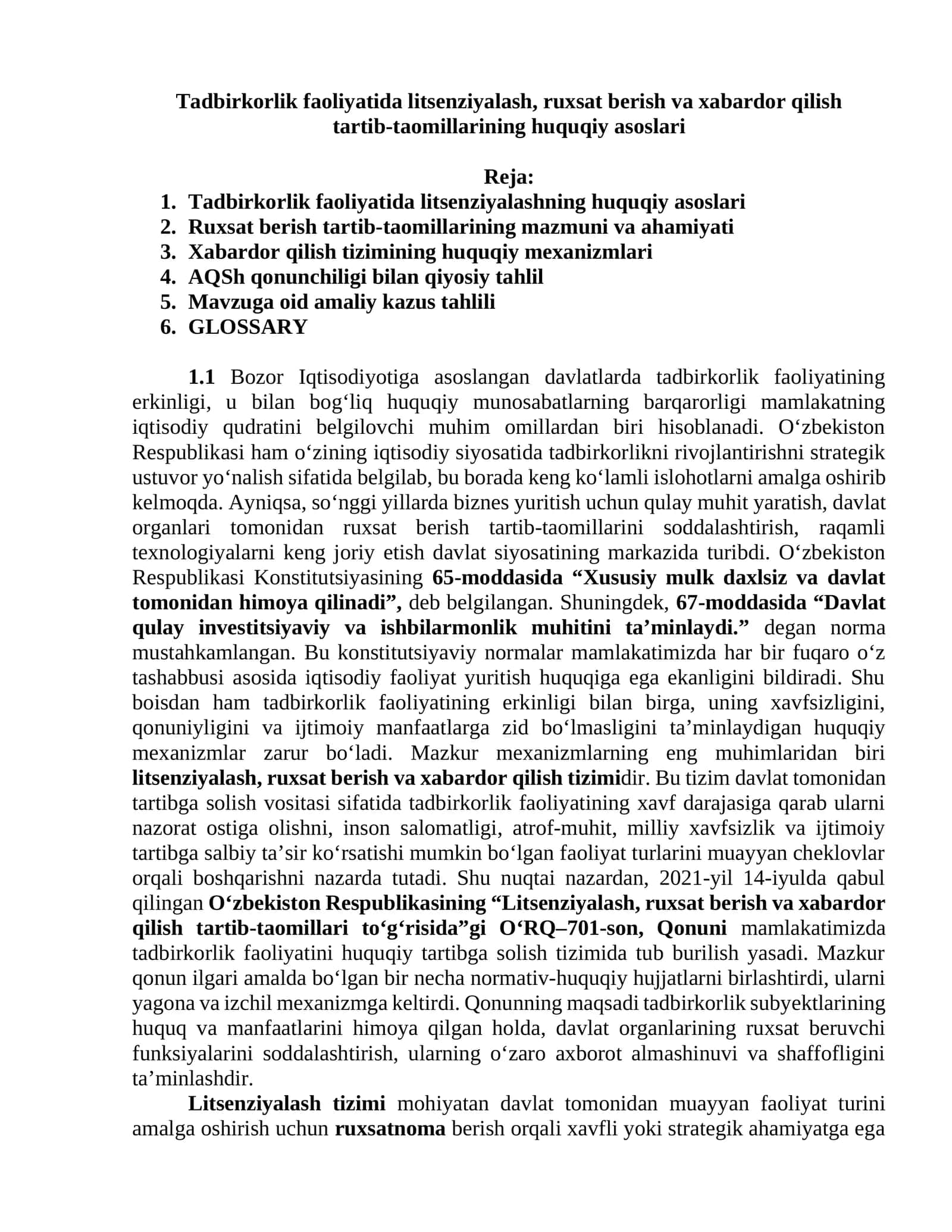 TADBIRKORLIK FAOLIYATIDA LITSENZIYALASH, RUXSAT BERISH VA XABARDOR QILISH TARTIB-TAOMILLARINING HUQUQIY ASOSLARI