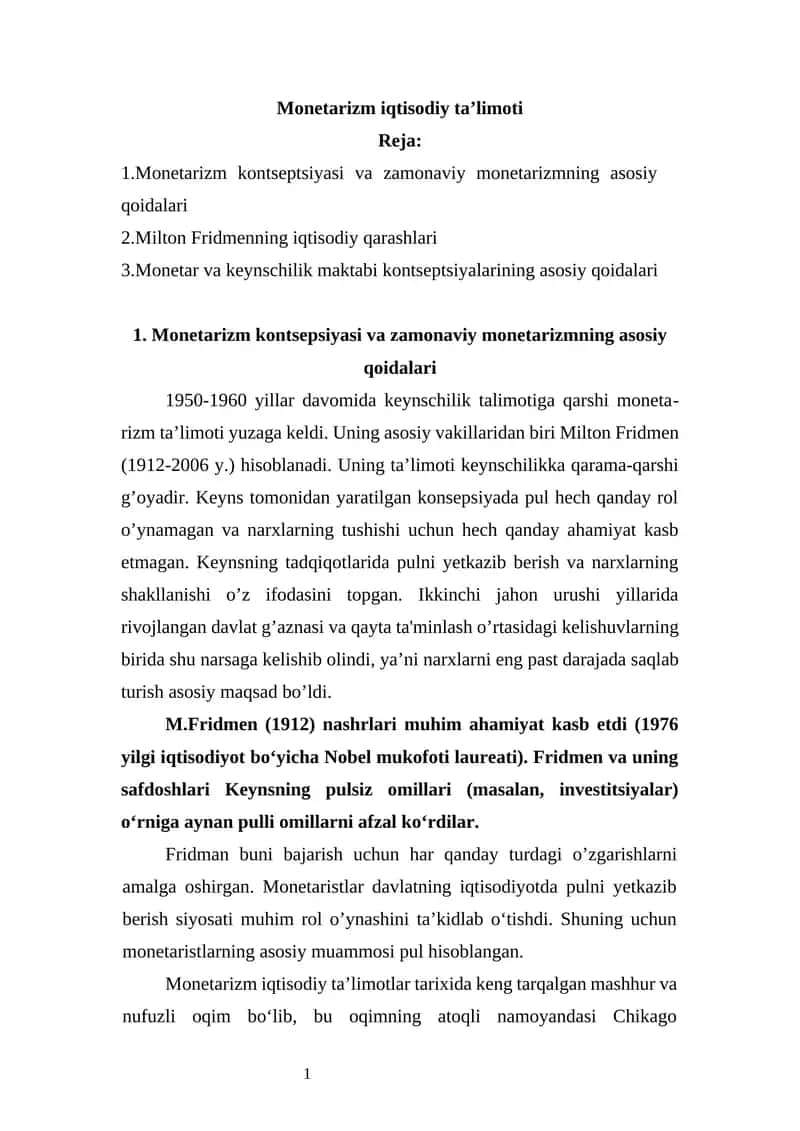 Monetarizm iqtisodiy ta’limoti