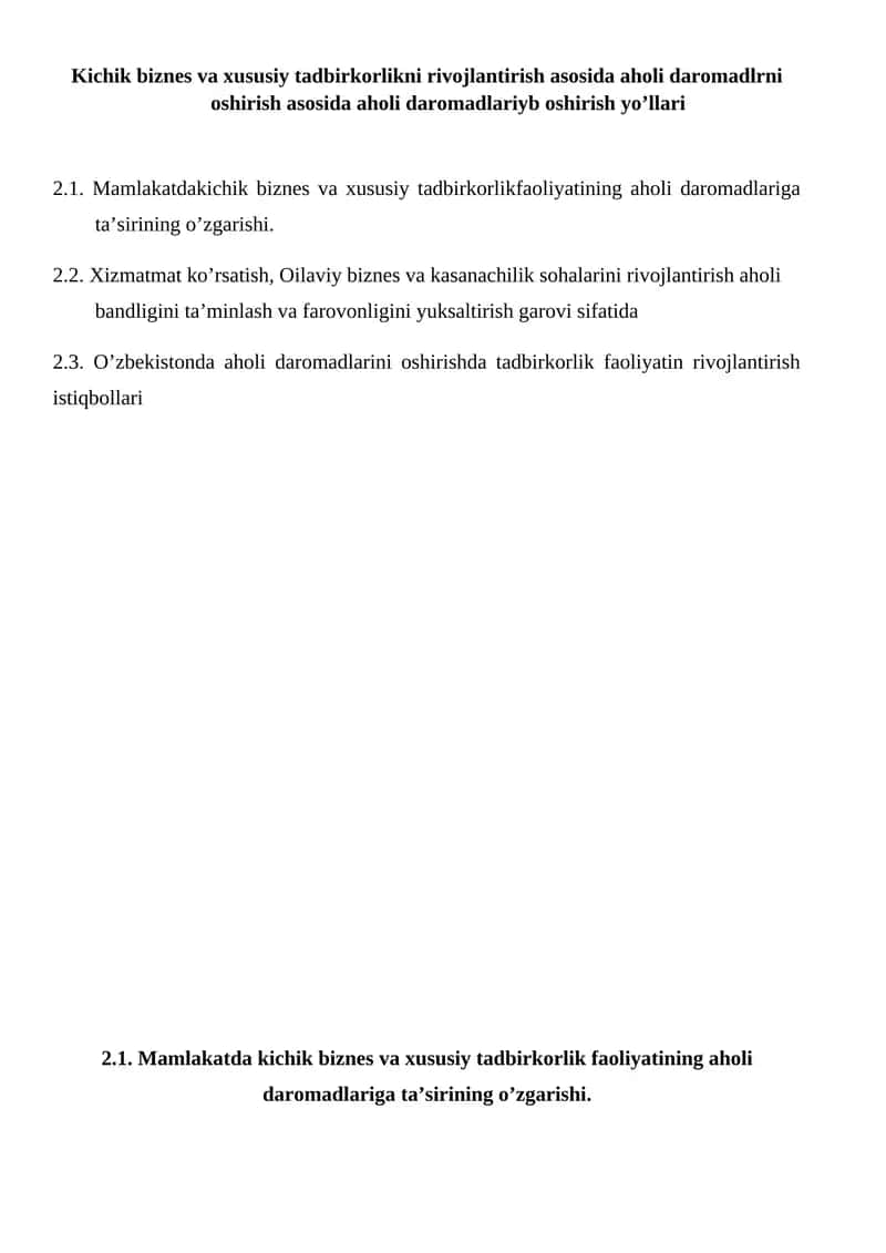 Kichik biznes va xususiy tadbirkorlik