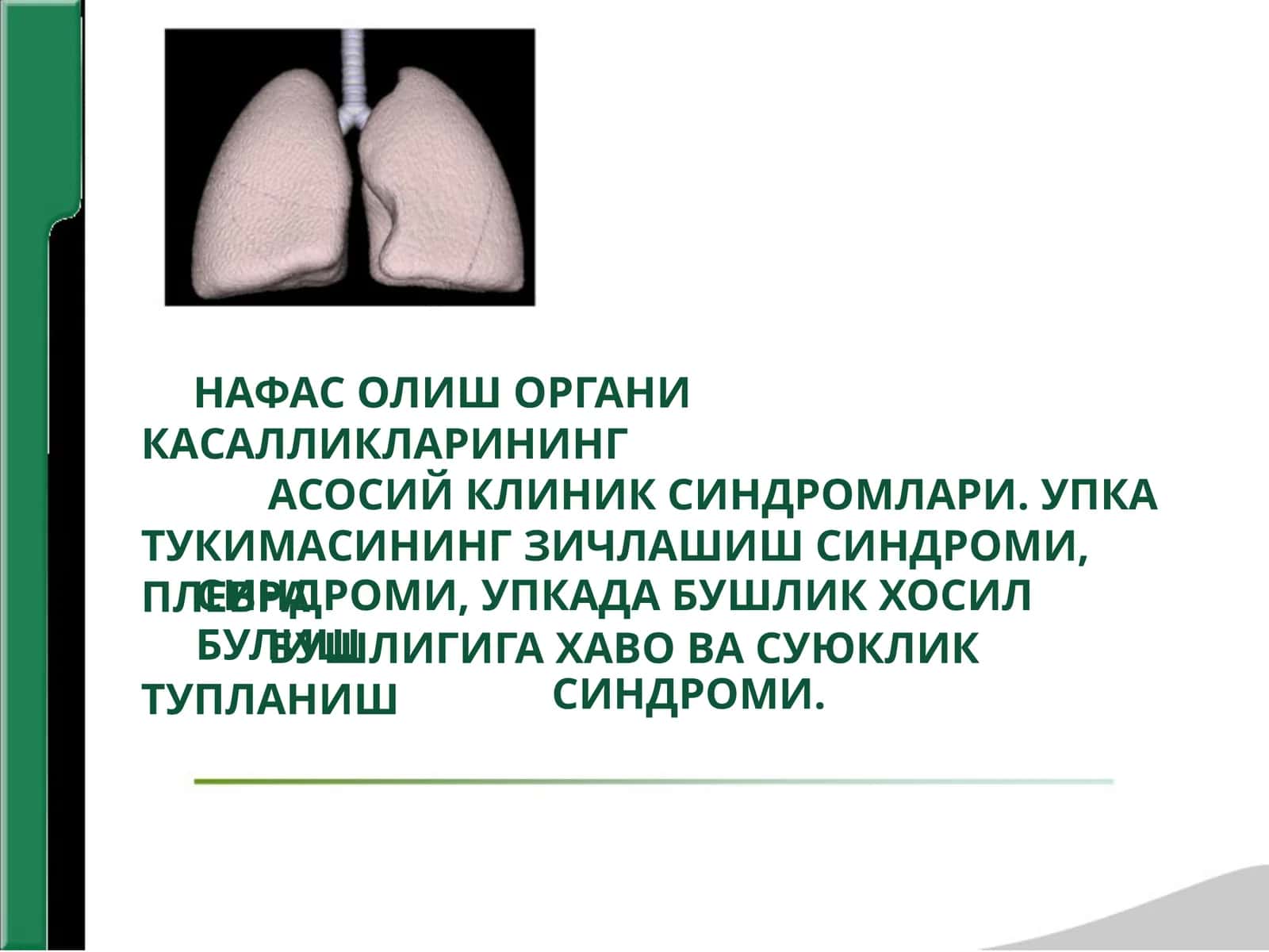 НАФАС ОЛИШ ОРГАНИ КАСАЛЛИКЛАРИНИНГАСОСИЙ КЛИНИК СИНДРОМЛАРИ