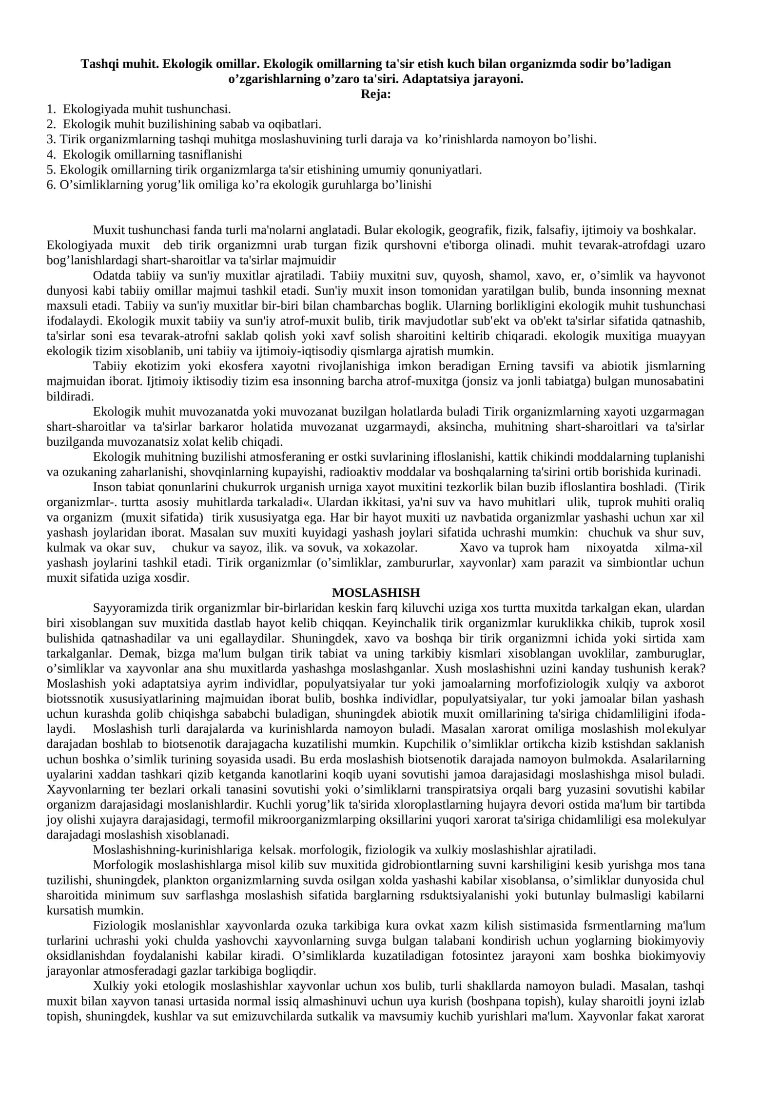 Ekologik omillar va organizmlarning adaptatsiyasi