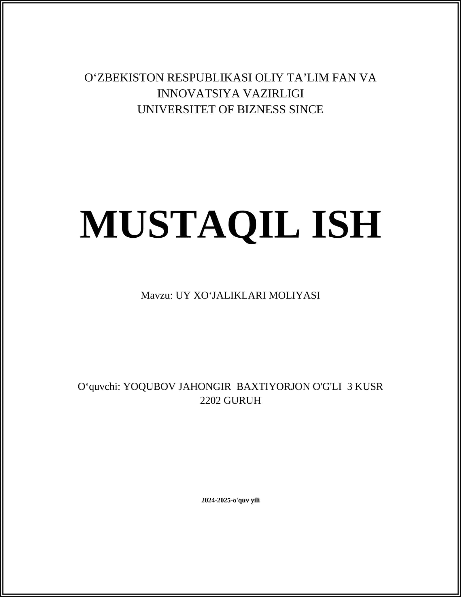 UY XO‘JALIKLARI MOLIYASI