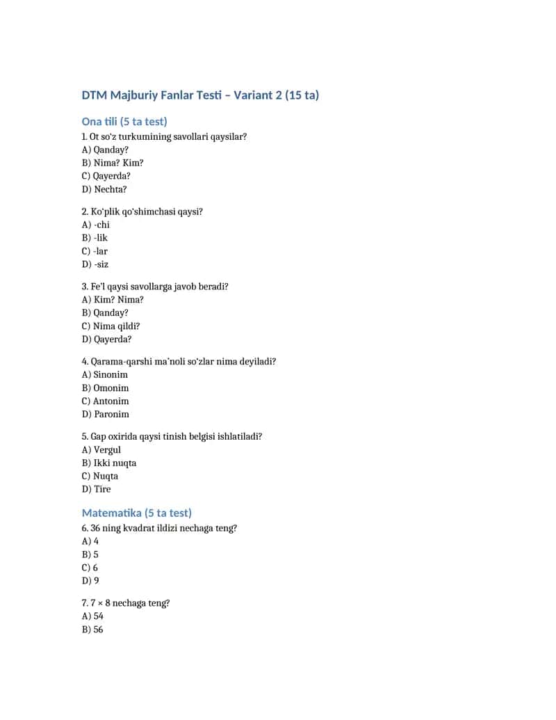 DTM majburiy 3 fan (ona tili, matematika, tarix) bo‘yicha 15 talik test Word faylda 2-namuna.