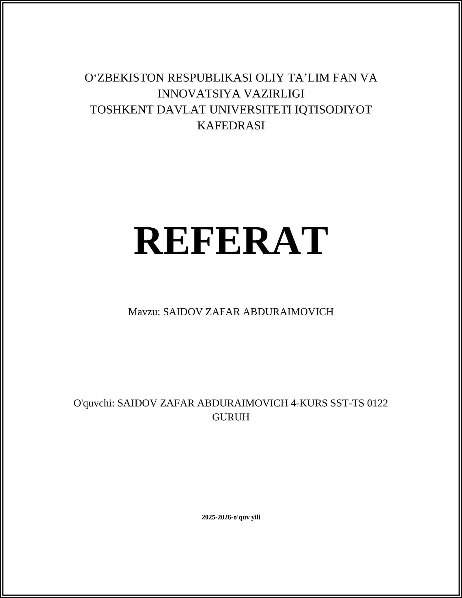 SAIDOV ZAFAR ABDURAIMOVICH REFERAT
