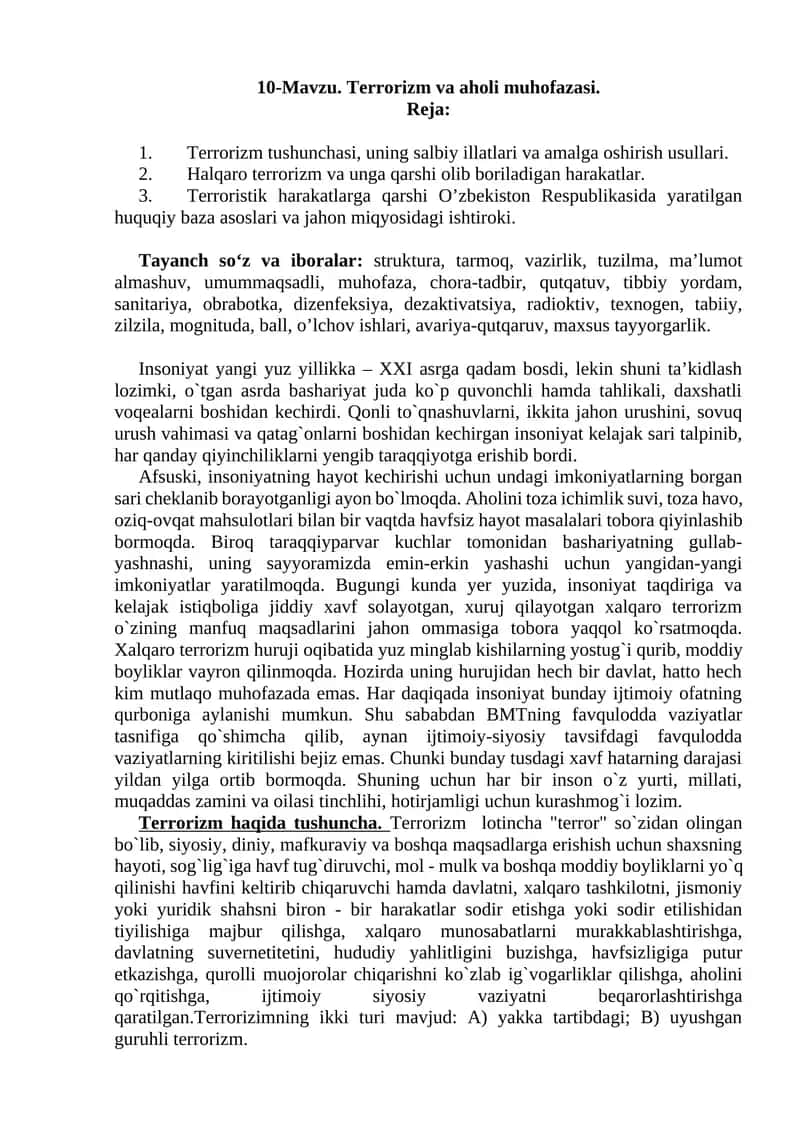 10-Mavzu. Terrorizm va aholi muhofazasi