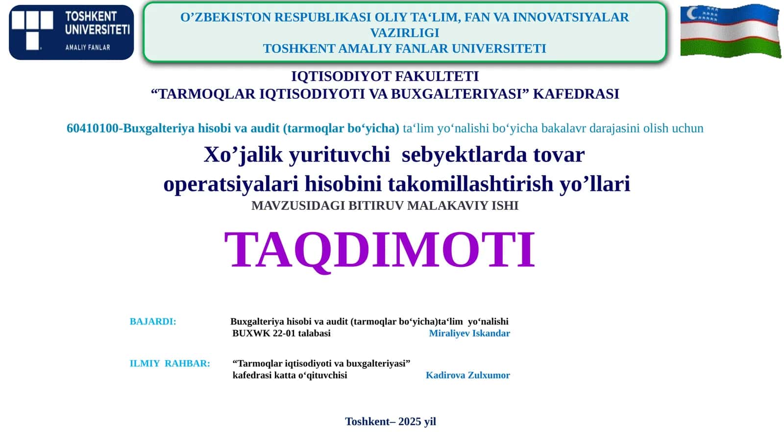 Xo’jalik yurituvchi sebyektlarda tovar operatsiyalari hisobini takomillashtirish yo’llari