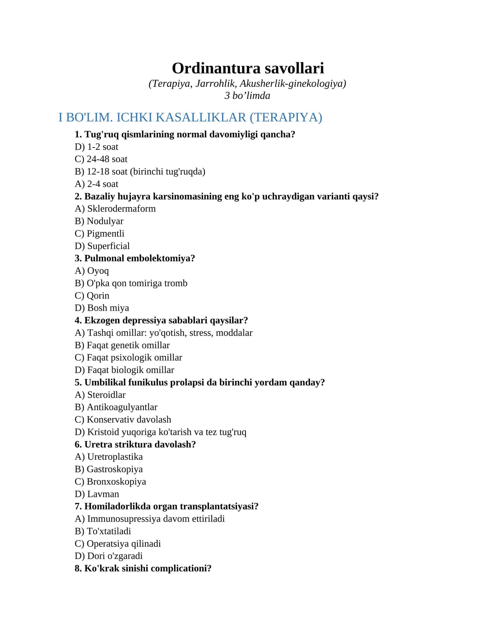 Ordinantura savollari