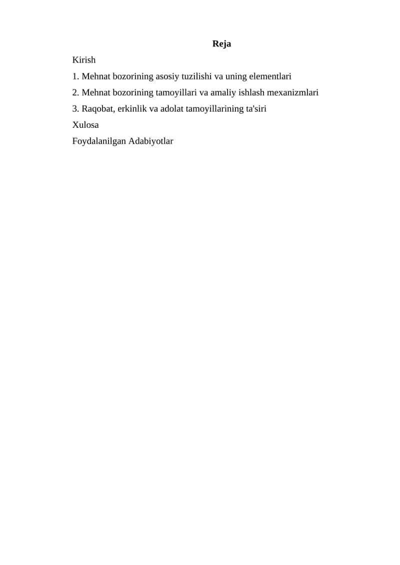 Mehnat bozorining tuzilishi va uning elementlari