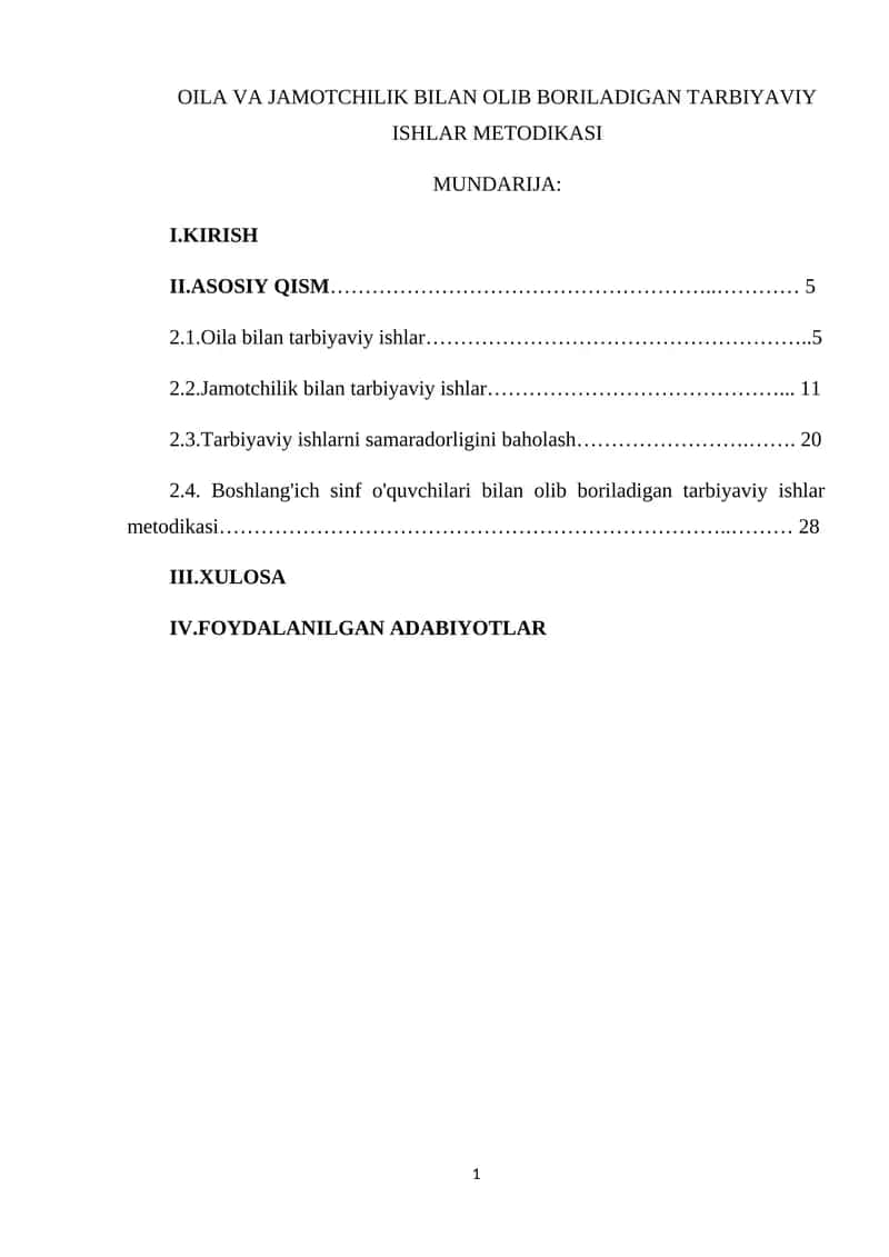 OILA VA JAMOTCHILIK BILAN OLIB BORILADIGAN TARBIYAVIY ISHLAR METODIKASI