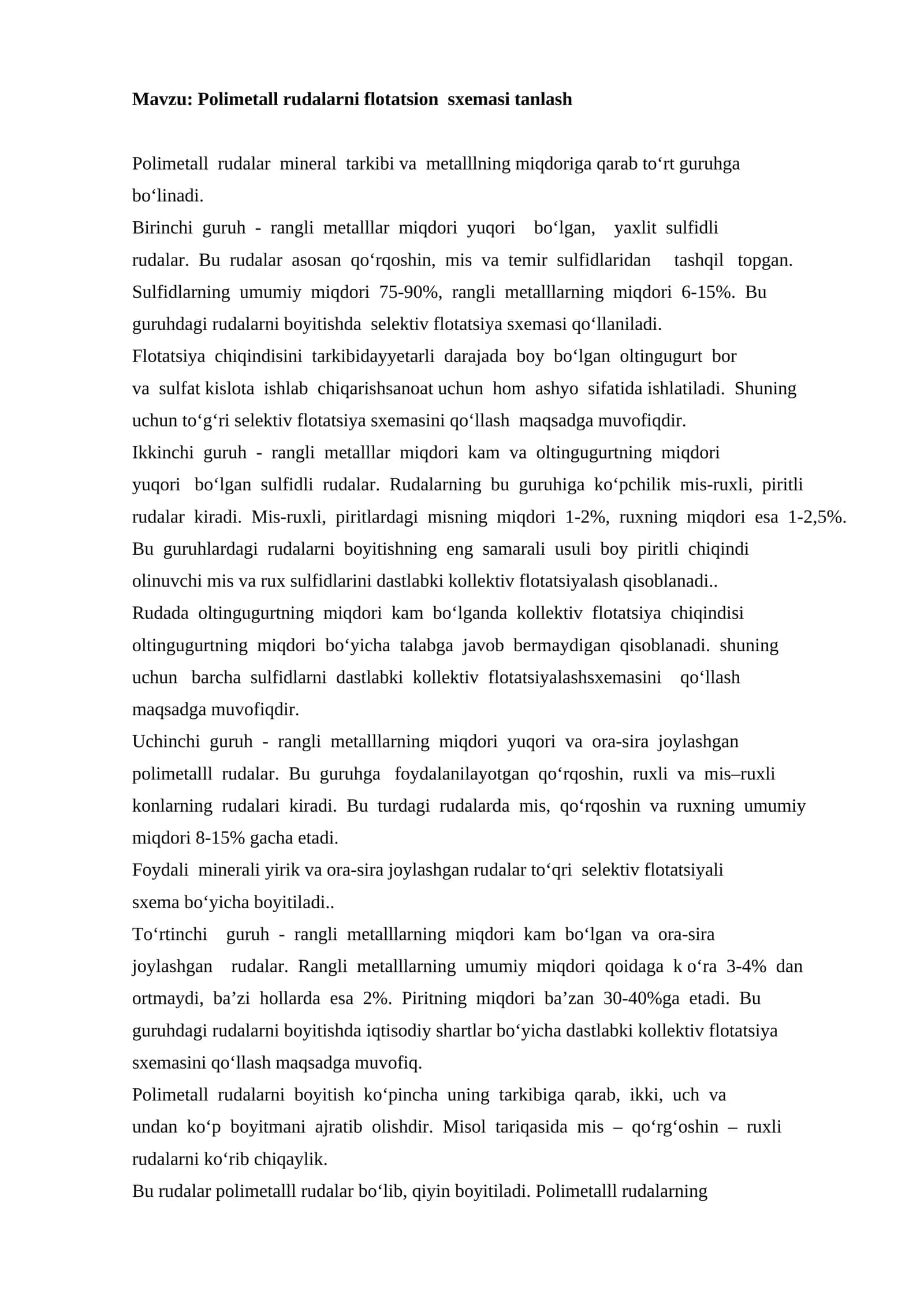 Polimetall rudalarni flotatsion sxemasi tanlash