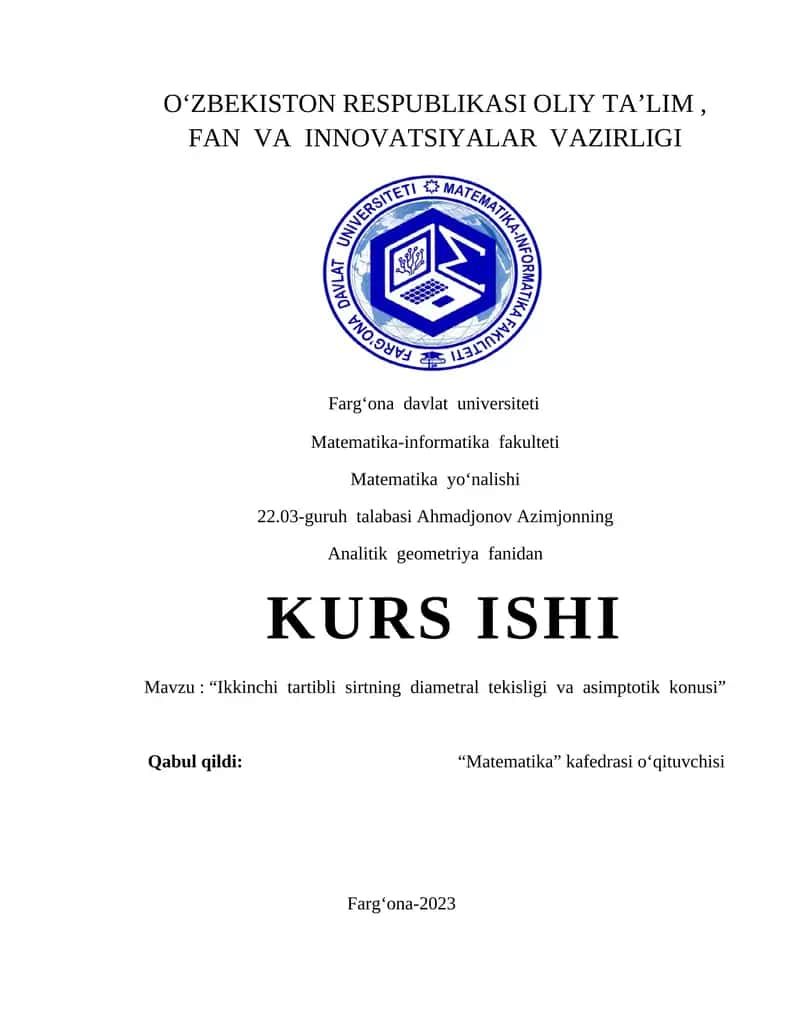 Ikkinchi tartibli sirtning diametral tekisligi va asimptotik konusi