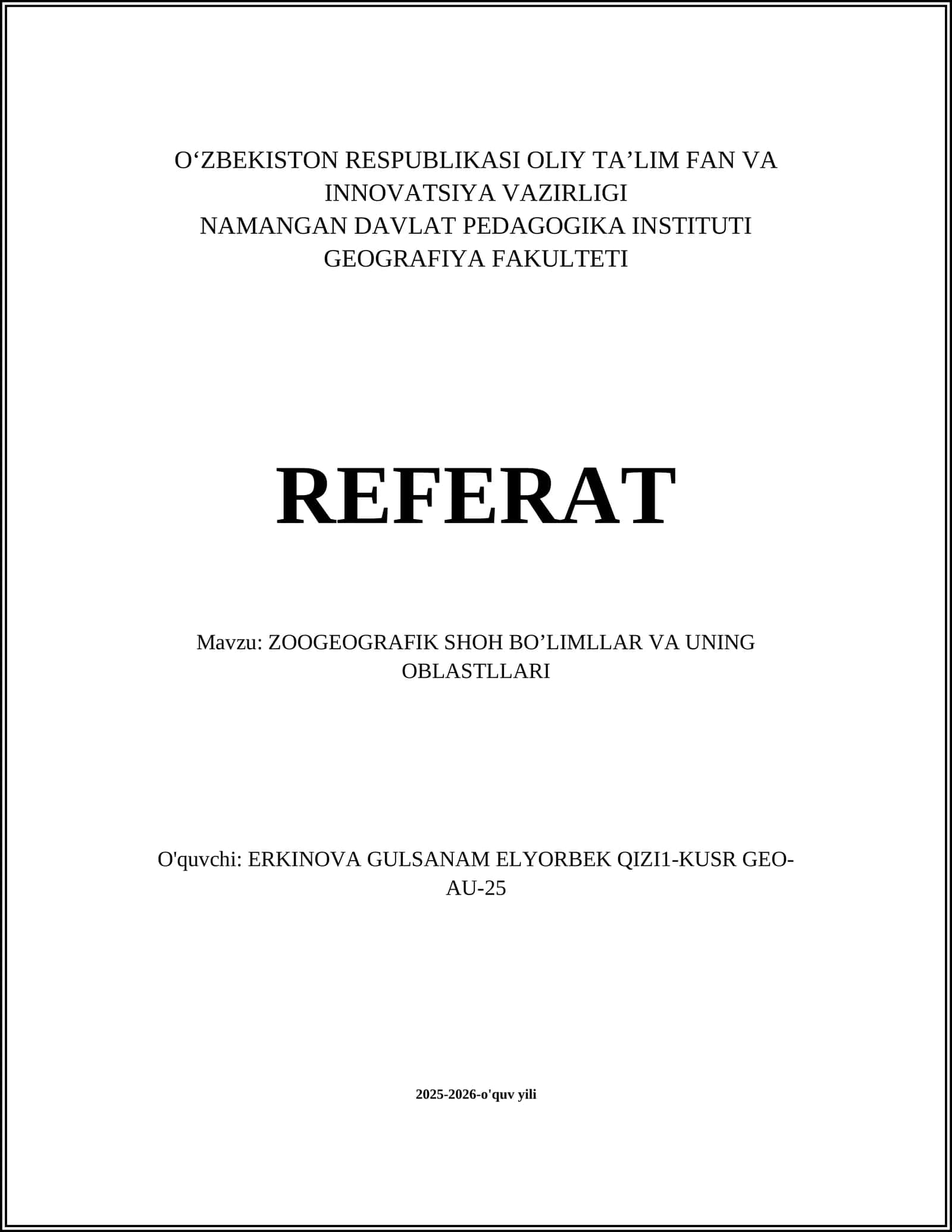 ZOOGEOGRAFIK SHOH BOʼLIMLLAR VA UNING OBLASTLLARI