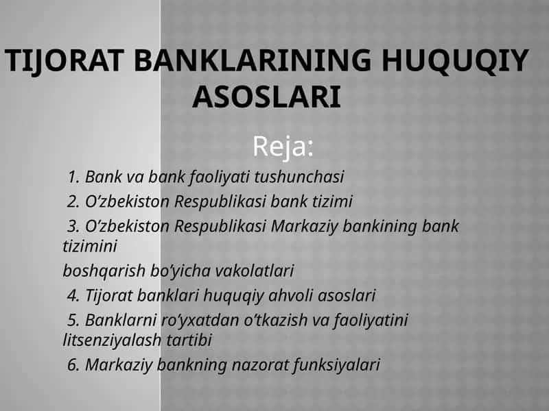 Tijoratbanklarining huquqiy asoslari