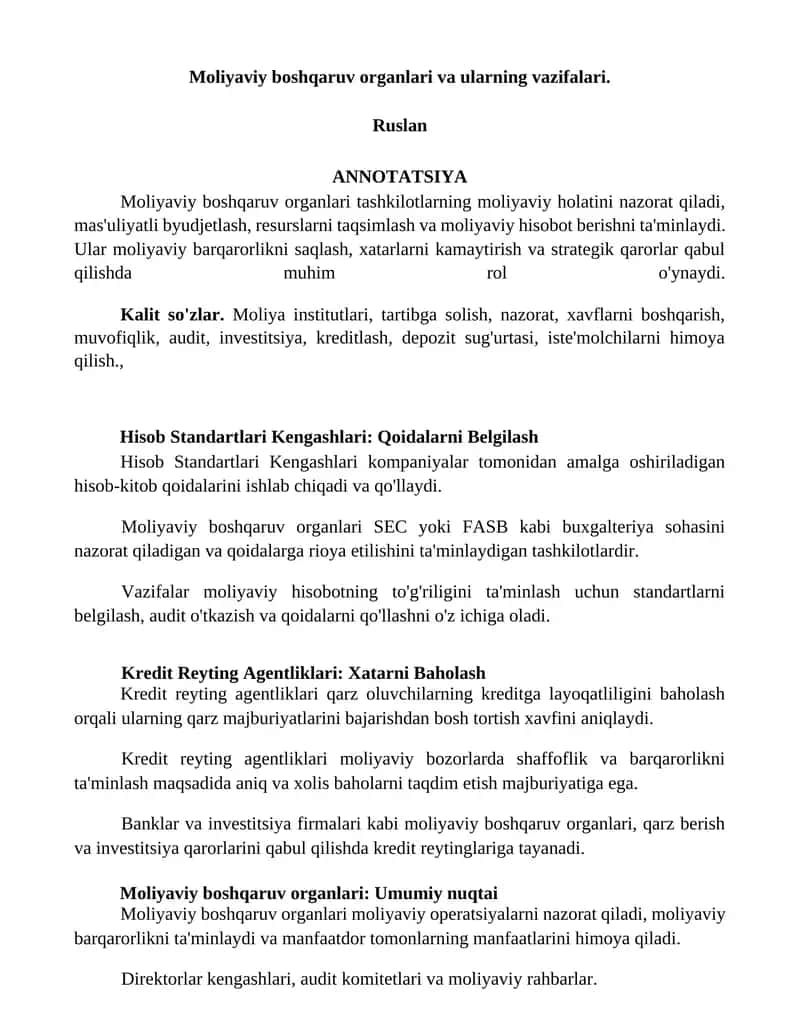 Moliyaviy boshqaruv organlari va ularning vazifalari