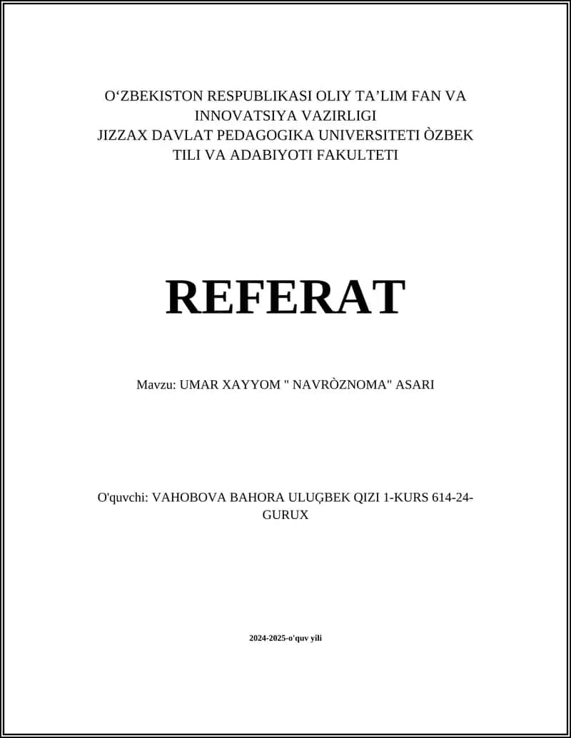UMAR XAYYOM " NAVRÒZNOMA" ASARI