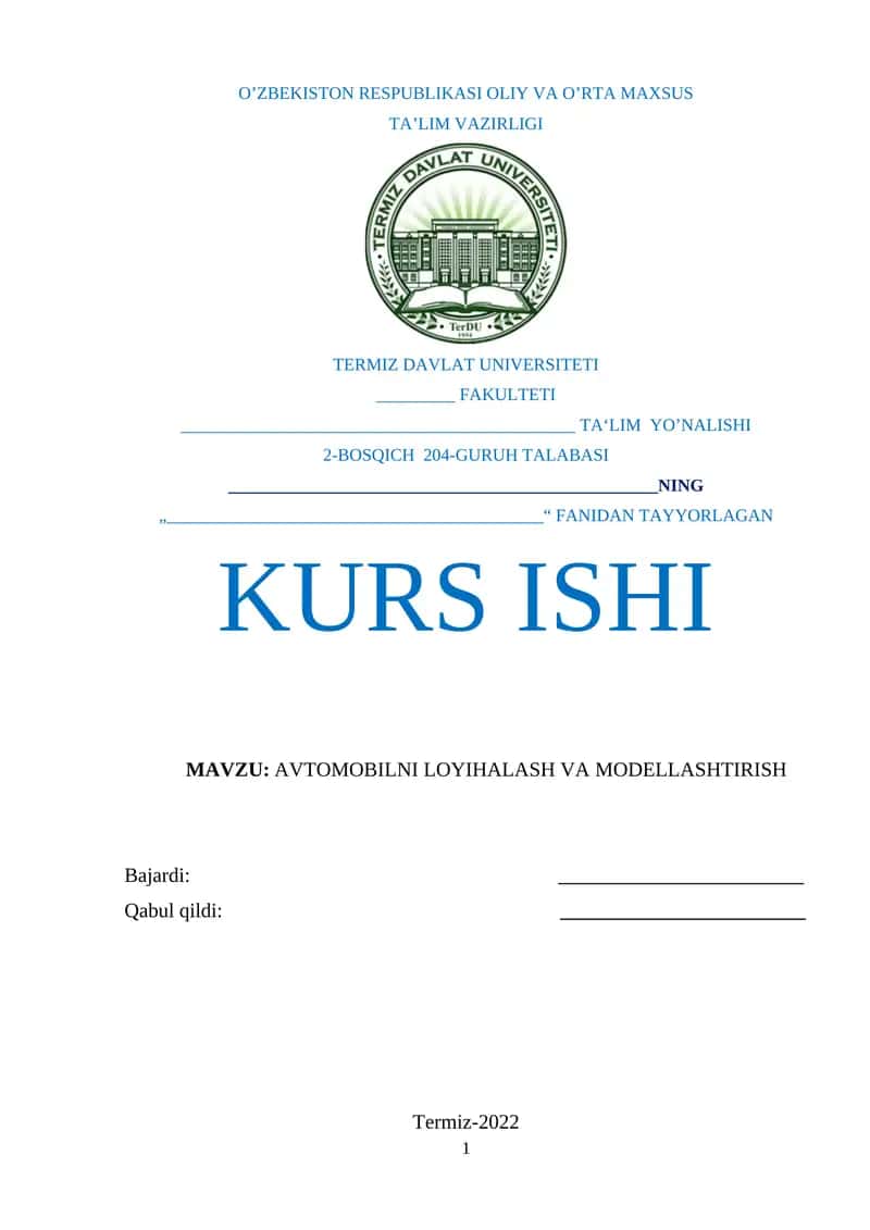 AVTOMOBILNI LOYIHALASH VA MODELLASHTIRISH