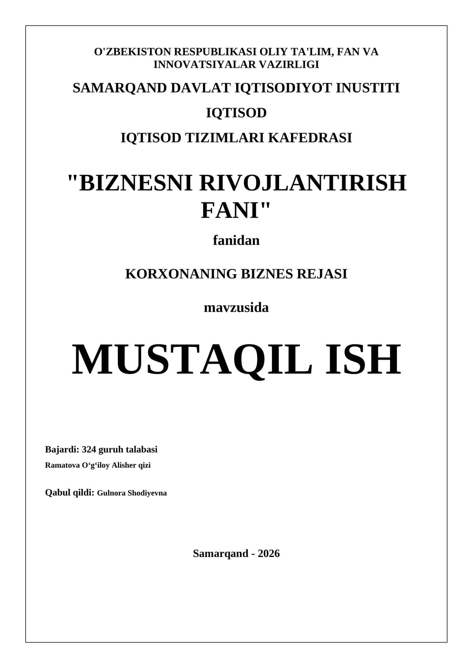 KORXONANING BIZNES REJASI