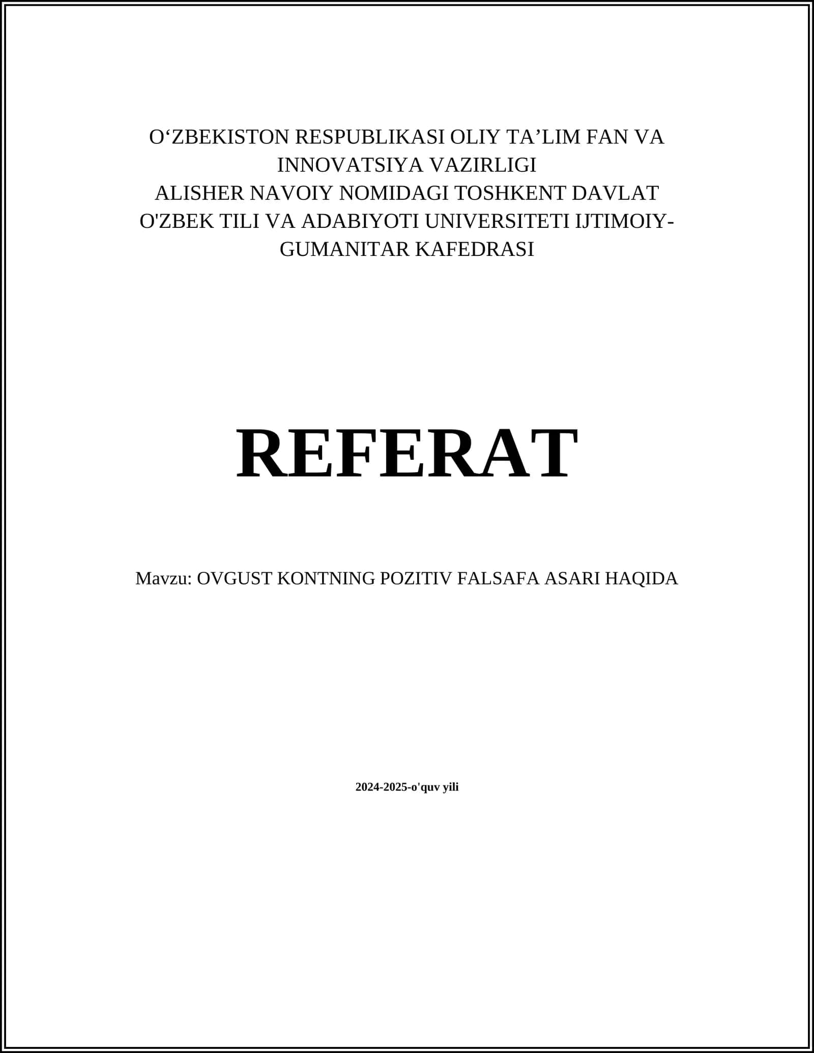 OVGUST KONTNING POZITIV FALSAFA ASARI HAQIDA