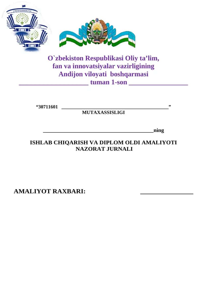 Diplom oldi va ishlab chiqarish amaliyoti nazorat qilish jurnali Tehnikum ICHTUlar uchun