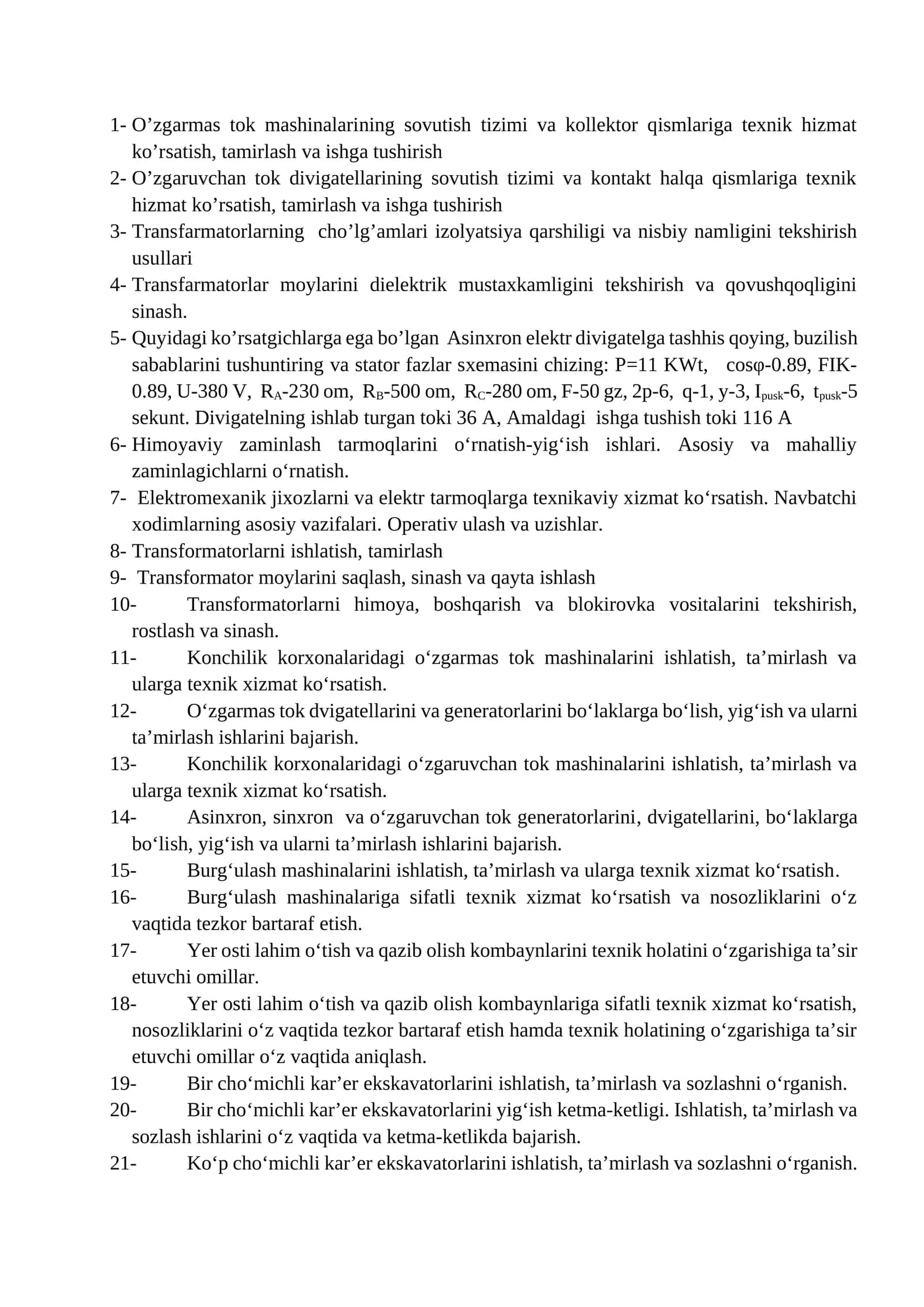 O’zgarmas tok mashinalarining sovutish tizimi va kollektor qismlariga texnik hizmat ko’rsatish, tamirlash va ishga tushirish