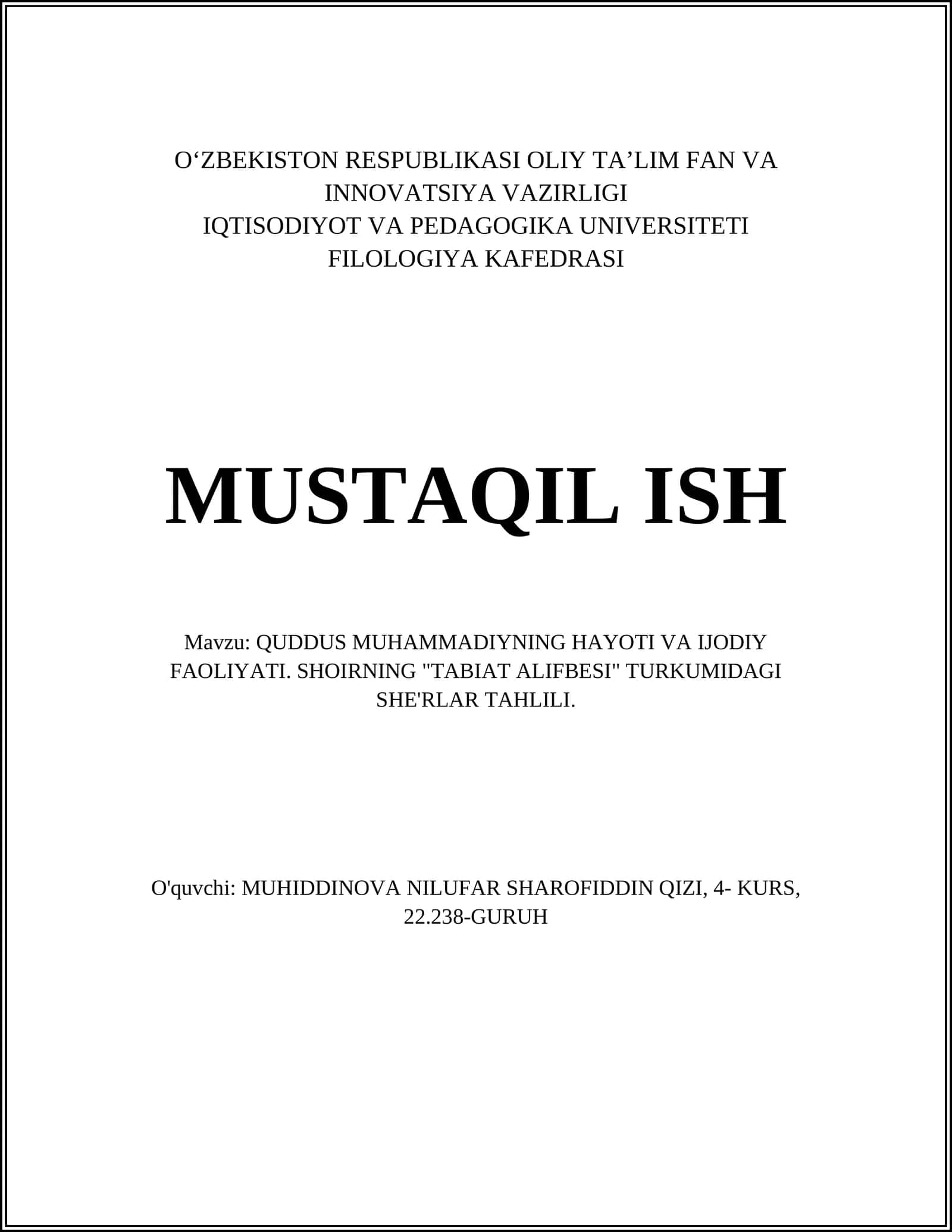 QUDDUS MUHAMMADIYNING HAYOTI VA IJODIY FAOLIYATI