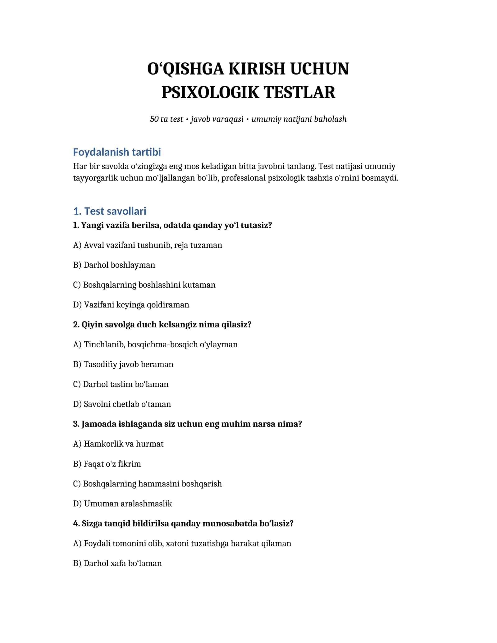 PSIXOLOGIK TESTLAR