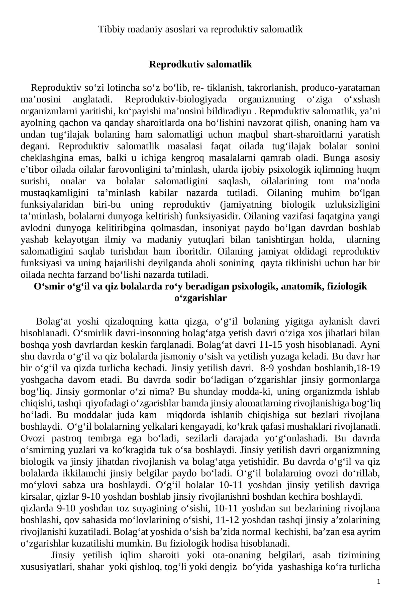 Tibbiy madaniy asoslari va reproduktiv salomatlik