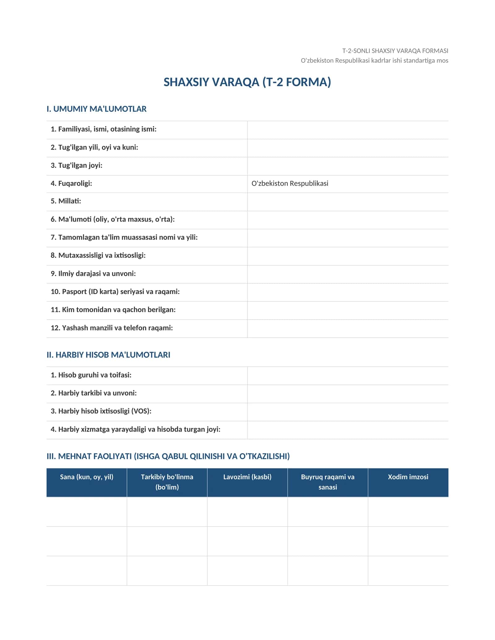 T2 forma shaxsiy varaqa kartasi namuna blankasi (Word)