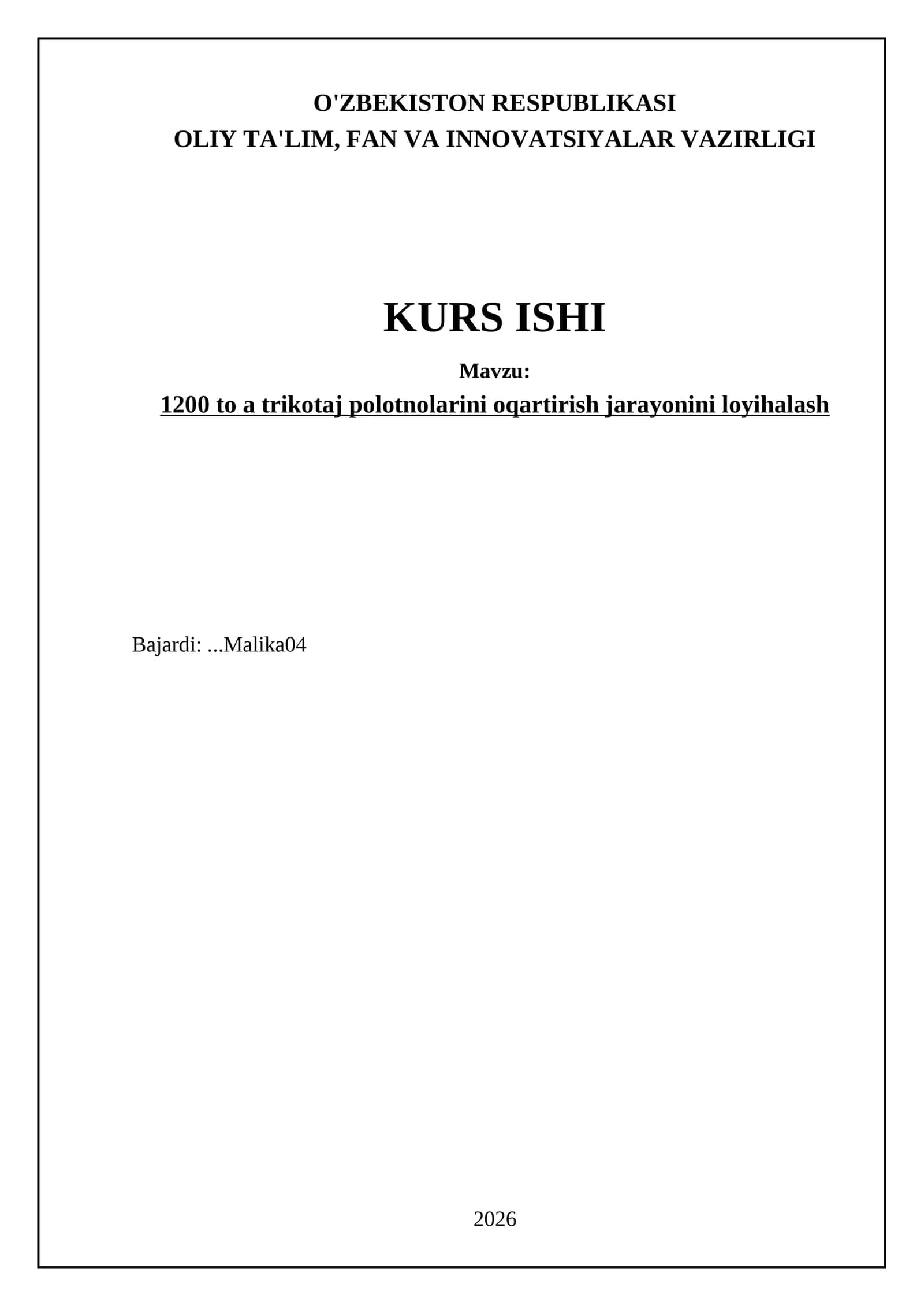 1200 to a trikotaj polotnolarini oqartirish jarayonini loyihalash