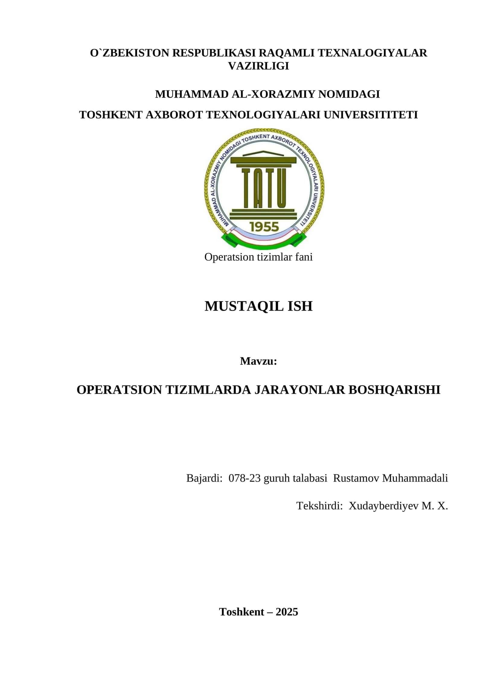 OPERATSION TIZIMLARDA JARAYONLAR BOSHQARISHI
