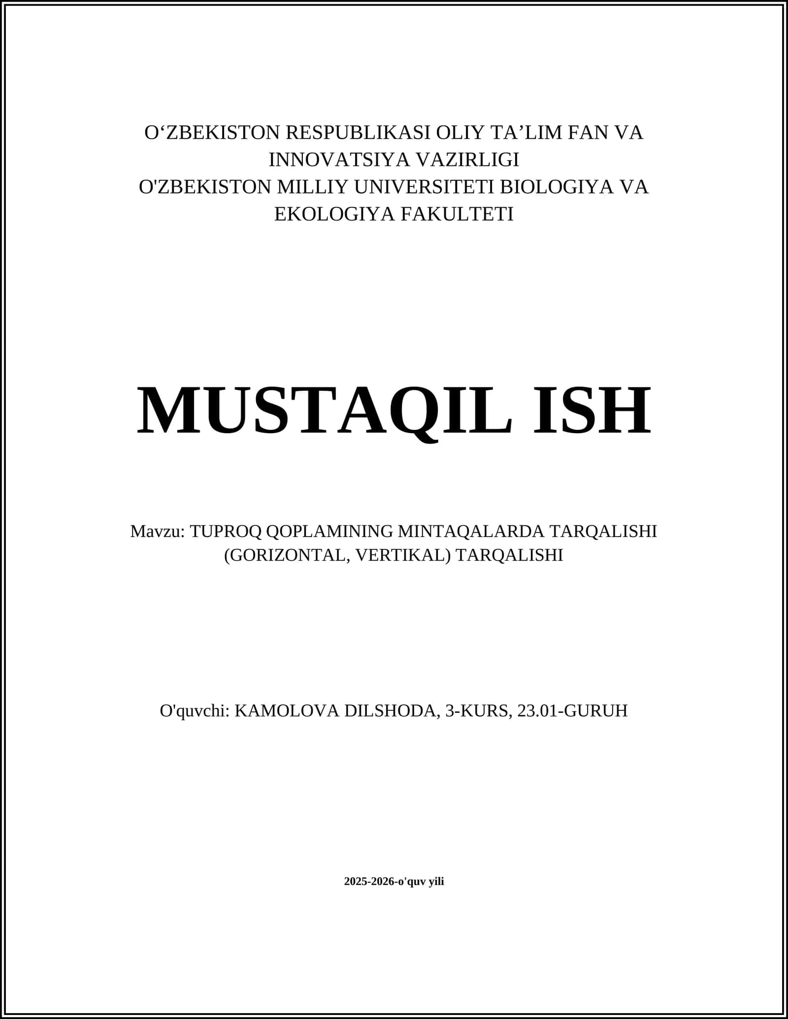 TUPROQ QOPLAMINING MINTAQALARDA TARQALISHI (GORIZONTAL, VERTIKAL) TARQALISHI