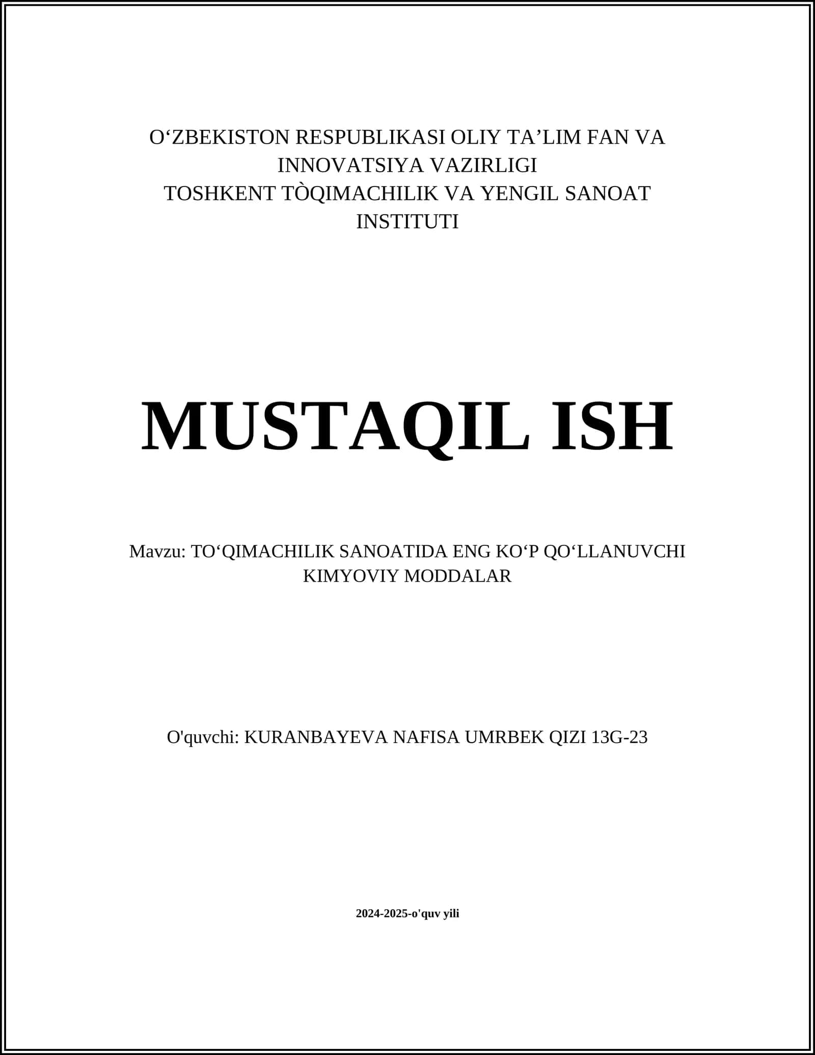 TOʻQIMACHILIK SANOATIDA ENG KOʻP QOʻLLANUVCHI KIMYOVIY MODDALAR