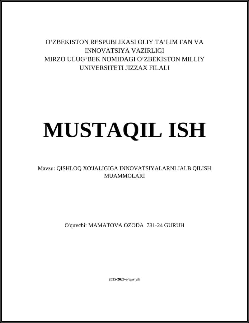 QISHLOQ XO'JALIGIGA INNOVATSIYALARNI JALB QILISH MUAMMOLARI