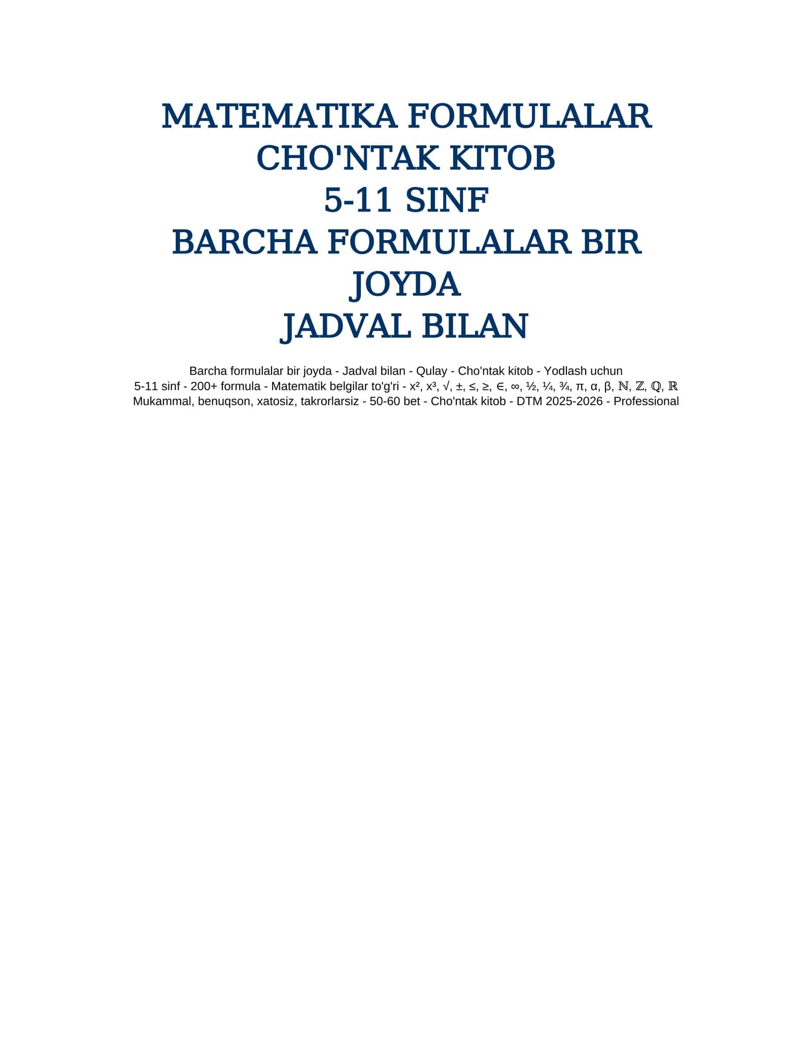 MATEMATIKA FORMULALAR CHO'NTAK KITOB