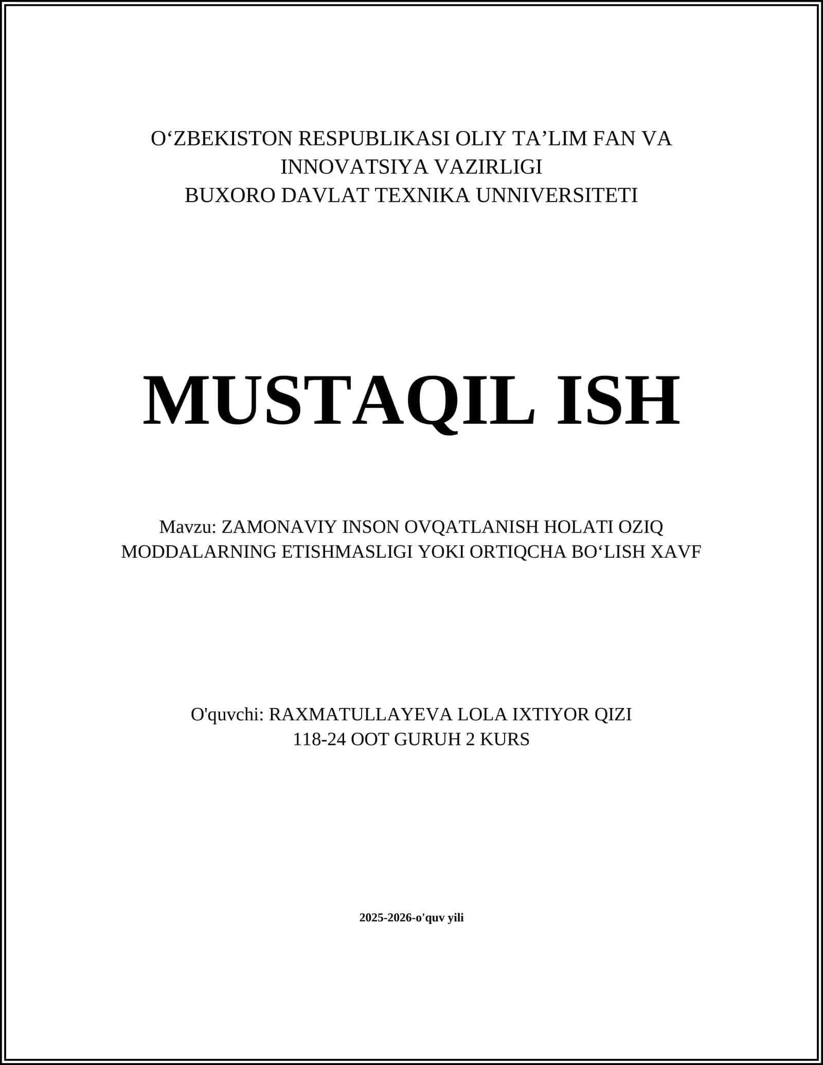 ZAMONAVIY INSON OVQATLANISH HOLATI OZIQ MODDALARNING ETISHMASLIGI YOKI ORTIQCHA BOʻLISH XAVF