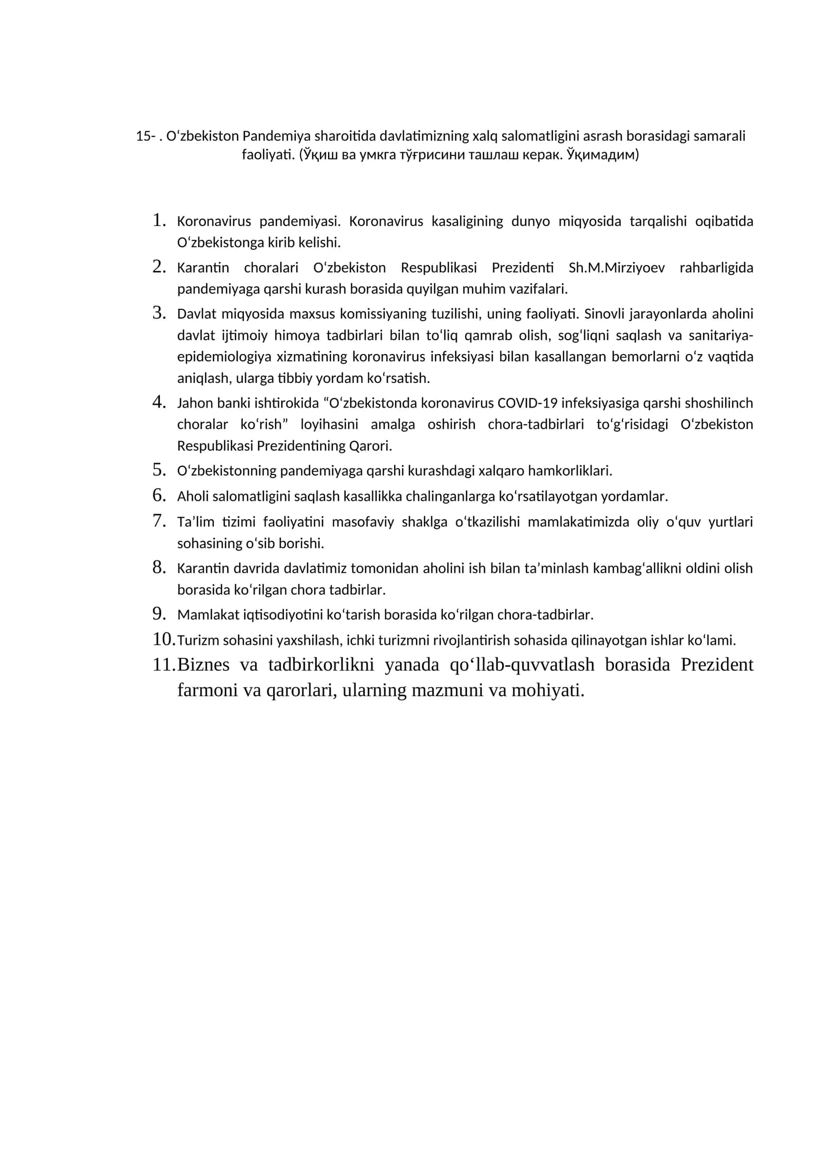 O‘zbekiston Pandemiya sharoitida davlatimizning xalq salomatligini asrash borasidagi samarali faoliyati