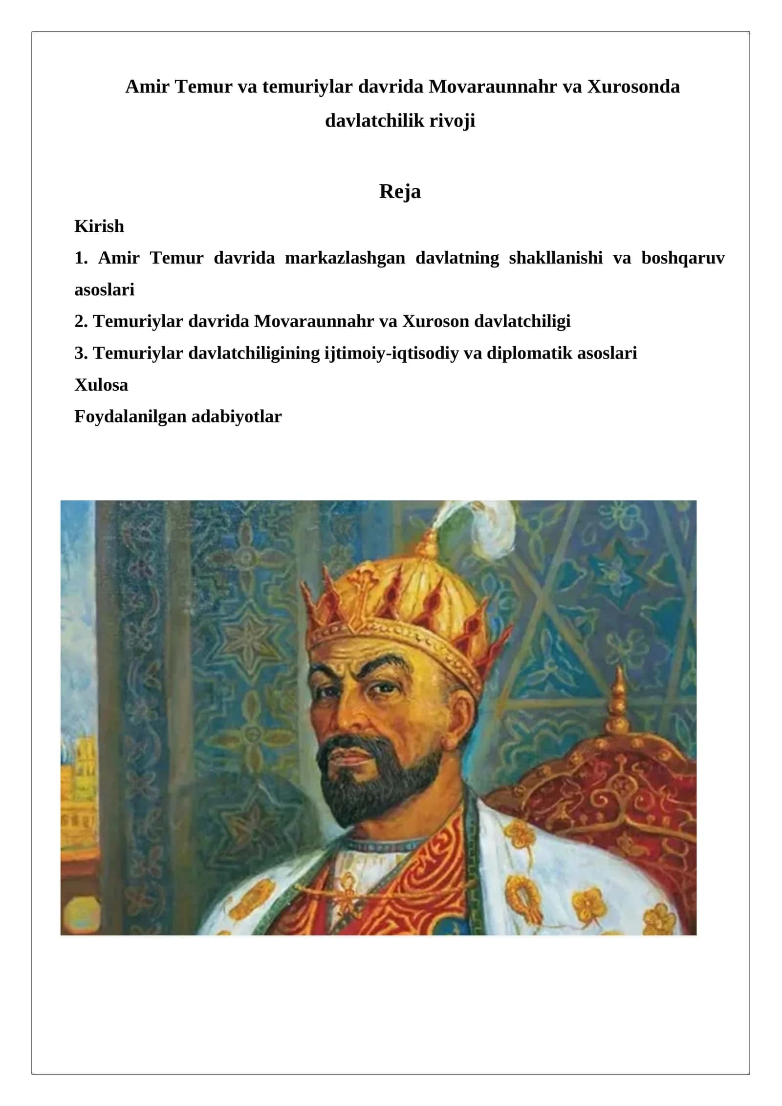 Amir Temur va temuriylar davrida Movaraunnahr va Xurosonda davlatchilik rivoji