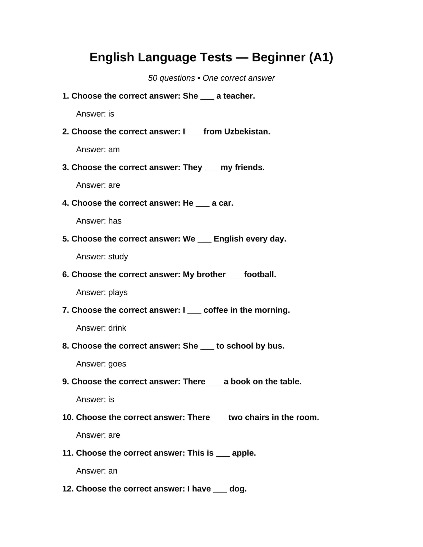 English Tests A1 — 50 Questions