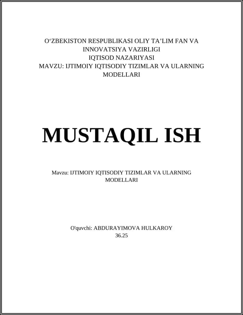 IJTIMOIY IQTISODIY TIZIMLAR VA ULARNING MODELLARI