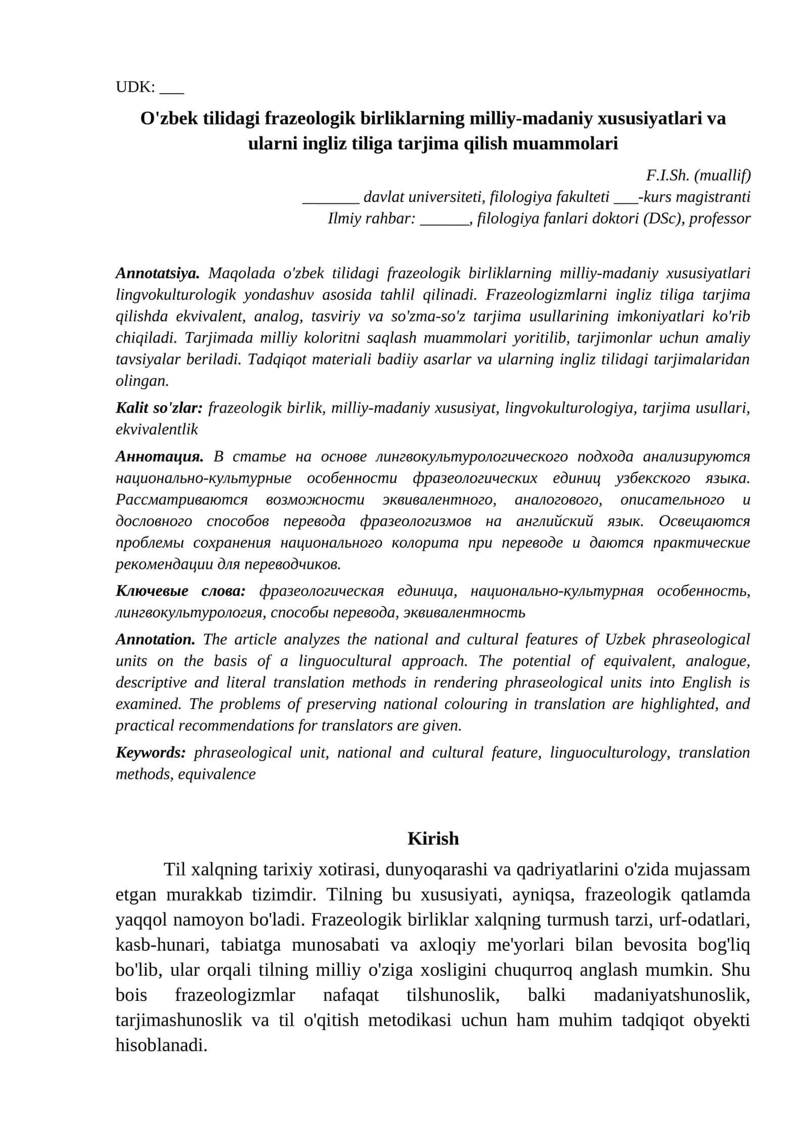 Na'muna maqola Filologiya Ozbek tilidagi frazeologik birliklarning milliy madaniy xusu namuna