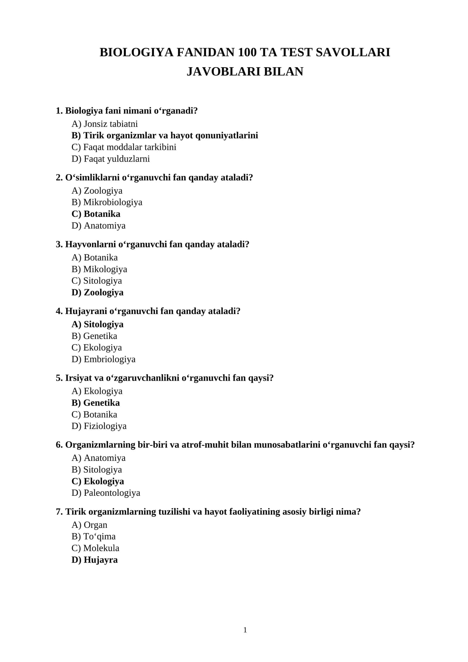 BIOLOGIYA FANIDAN 100 TA TEST SAVOLLARI JAVOBLARI BILAN