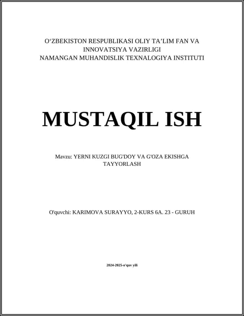 YERNI KUZGI BUG'DOY VA G'OZA EKISHGA TAYYORLASH
