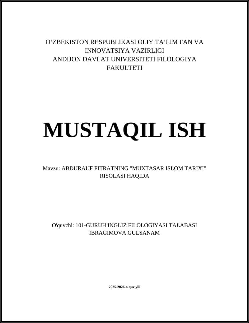 Abdurauf Fitratning "Muxtasar Islom Tarixi" Risolasi